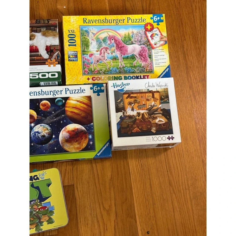 Huge Jigsaw Puzzle Lot 12pc Ravensburger White Mountain Squishmallows TMNT Tin